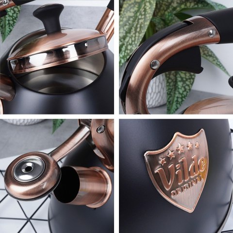 Czajnik z gwizdkiem stalowy na gaz indukcja ROSE GOLD czarny matowy 3L VILDE 199002