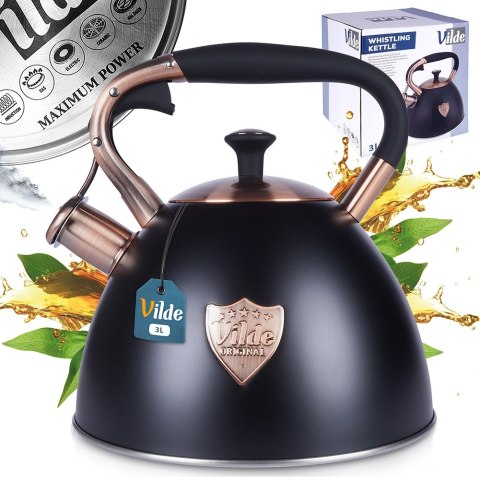 Czajnik z gwizdkiem stalowy na gaz indukcja ROSE GOLD czarny matowy 3L VILDE 199002