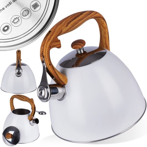 Czajnik z gwizdkiem stalowy na gaz indukcja biały WOODEN 3L ORION 113505