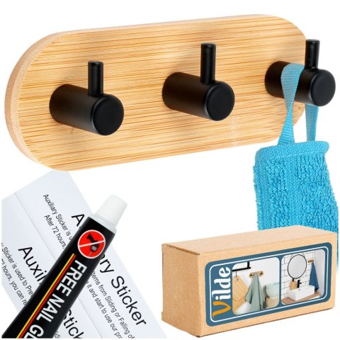 Haczyk Wieszak uchwyt uchwyt samoprzylepny drewniany metalowy czarny potrójny 14x3.5x5cm VILDE 566018