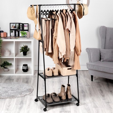 Wieszak stojący na ubrania metalowy czarny na kółkach 88x44x160cm VILDE 568022