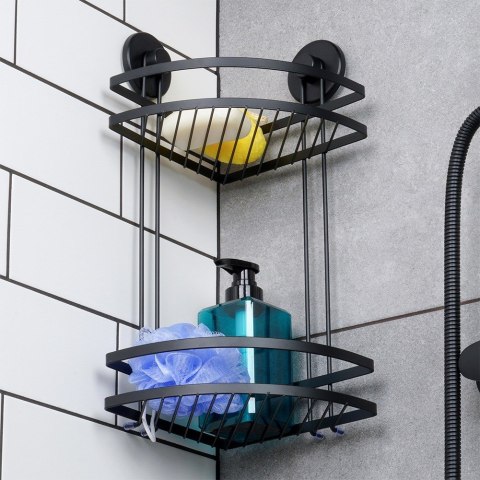 Półka pod prysznic do łazienki łazienkowa metalowa czarna na przyssawki narożna 2-poziomowa 24x18x38cm BATHROOM SOLUTIONS 567009