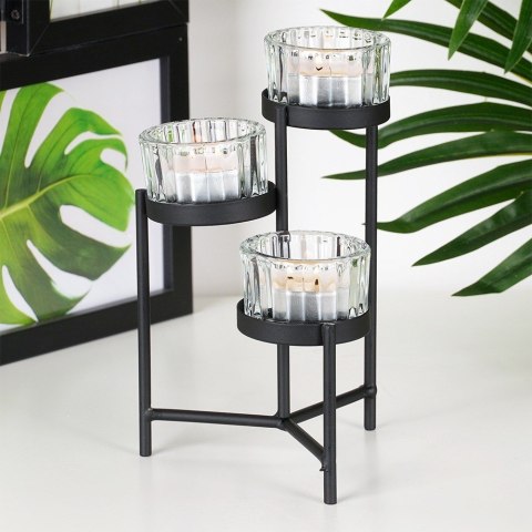 Świecznik metalowy czarny ze szklanymi wkładami na 3 świeczki świece 11x11x18.5cm HOME STYLING COLLECTION 568087