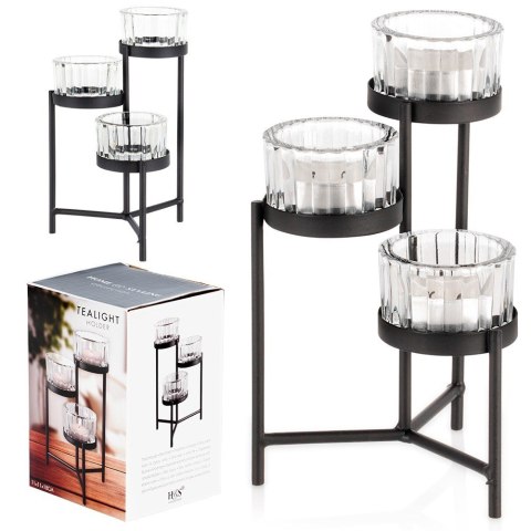Świecznik metalowy czarny ze szklanymi wkładami na 3 świeczki świece 11x11x18.5cm HOME STYLING COLLECTION 568087