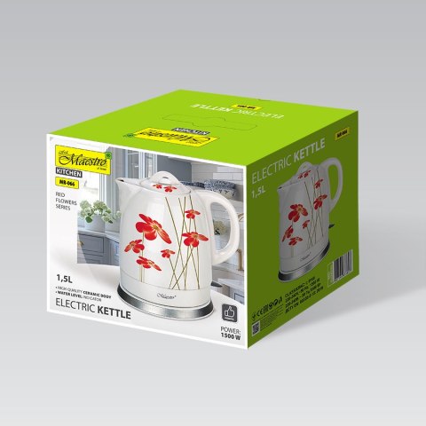 Czajnik elektryczny ceramiczny 1.5L 1200W czerwone kwiaty MAESTRO MR-066-RED-FLOWERS