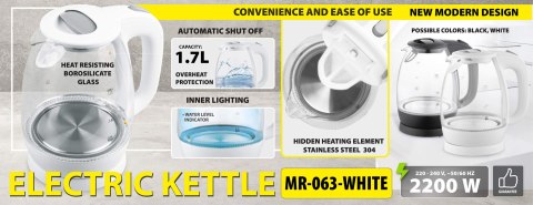 Czajnik elektryczny szklany 1.7L 2200W biały MAESTRO MR-063-WHITE