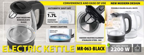 Czajnik elektryczny szklany 1.7L 2200W czarny MAESTRO MR-063-BLACK