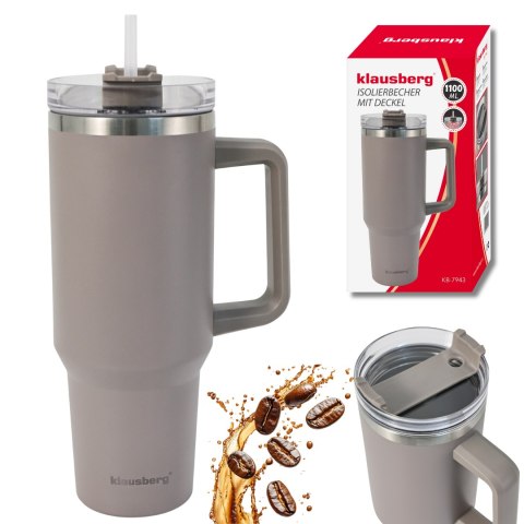Kubek termiczny ze słomką rurką do auta duży na wodę 1100ml KLAUSBERG KB-7943 Szary