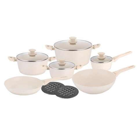 Zestaw garnków i patelni 12 ele. garnki, aluminium odlewane, powłoka non-stick, kremowy, KLAUSBERG KB-7959