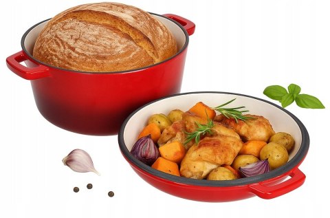 Garnek 2w1 żeliwny emaliowany 26cm 4.8L+1.2L Czerwony KRISBERG KS-7713