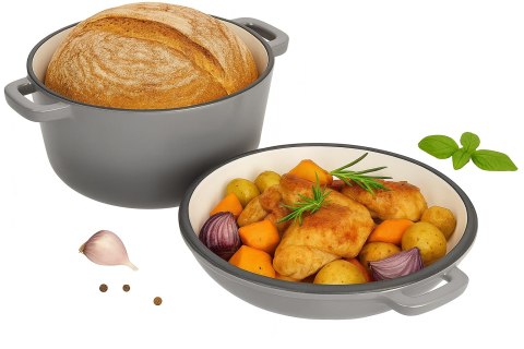 Garnek 2w1 żeliwny emaliowany 26cm 4.8L+1.2L Szary KRISBERG KS-7724