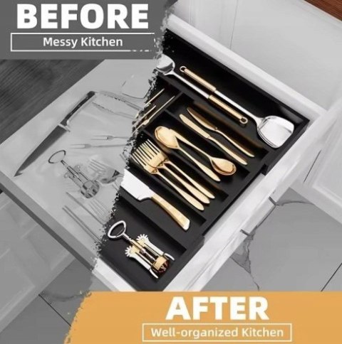 Wkład organizer do szuflady na sztućce rozsuwany 31.5-52x43x5cm CZARNY KRISBERG KS-7730