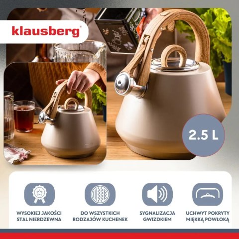 Czajnik stalowy z gwizdkiem 2,5 L beżowy, indukcja, KLAUSBERG KB-7950