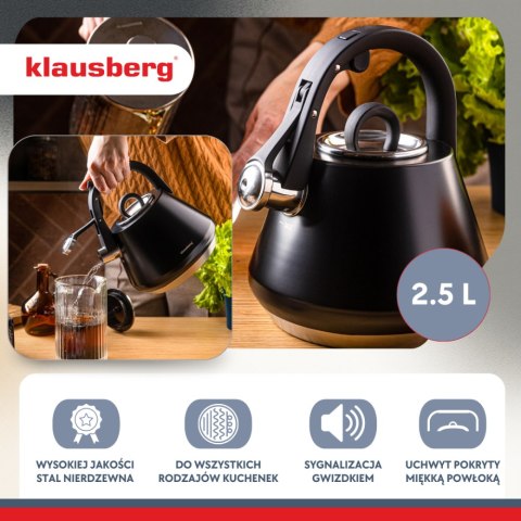 Czajnik stalowy z gwizdkiem 2,5 L czarny mat, KLAUSBERG KB-7948
