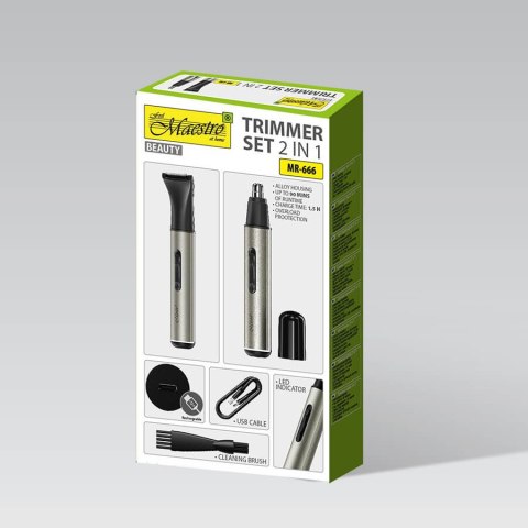 Trymer do brody i włosów na głowie w nosie uszach zestaw trymerów 2w1 USB C MAESTRO MR-666