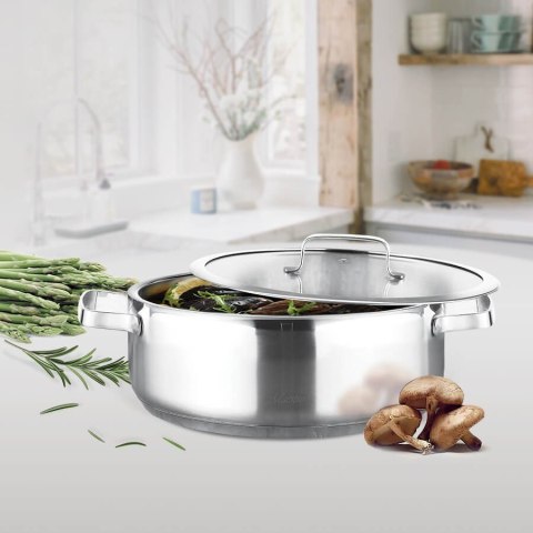 Garnek stalowy niski płaski z pokrywką na indukcję gaz 22cm 2.0L MAESTRO MR-3514-22