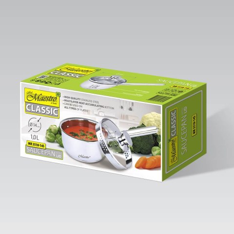 Rondel stalowy z pokrywką na indukcję gaz mały 14cm 1.0L MAESTRO MR-3510-14S