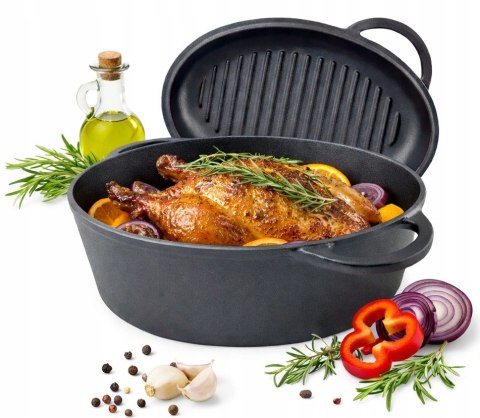 Brytfanna żeliwna z pokrywą grillową, 2w1, 6.4L, 34cm KRISBERG KS-7740