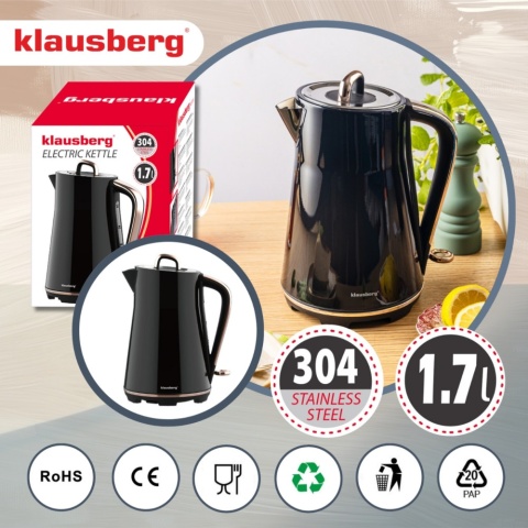 Czajnik elektryczny, stal nierdzewna, czarny, 1,7L, 1850-2200W, KLAUSBERG, KB-9015