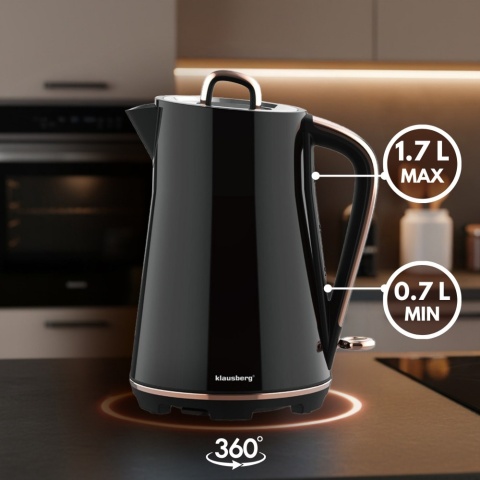 Czajnik elektryczny, stal nierdzewna, czarny, 1,7L, 1850-2200W, KLAUSBERG, KB-9015