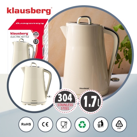 Czajnik elektryczny, stal nierdzewna, kremowy, 1,7L, 1850-2200W, KLAUSBERG, KB-9016