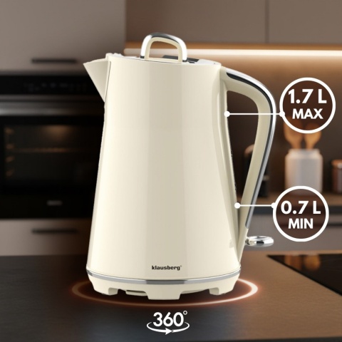 Czajnik elektryczny, stal nierdzewna, kremowy, 1,7L, 1850-2200W, KLAUSBERG, KB-9016
