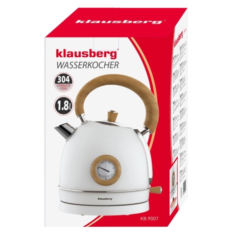 Czajnik elektryczny z termometrem, stal nierdzewna, biały z drewnem, 1,8L, 1850-2200W, KLAUSBERG, KB-9007