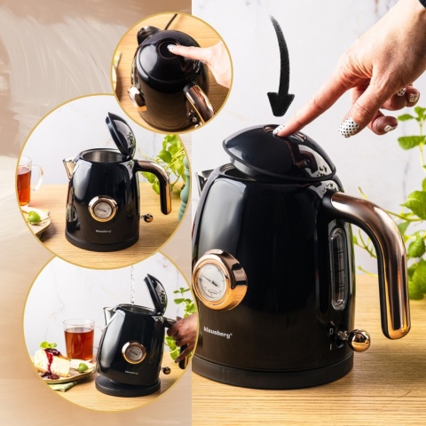 Czajnik elektryczny z termometrem, stal nierdzewna, czarny, 1,0L, 1200W, KLAUSBERG, KB-9017