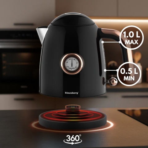 Czajnik elektryczny z termometrem, stal nierdzewna, czarny, 1,0L, 1200W, KLAUSBERG, KB-9017