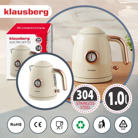 Czajnik elektryczny z termometrem, stal nierdzewna, kremowy, 1,0L, 1200W, KLAUSBERG, KB-9018