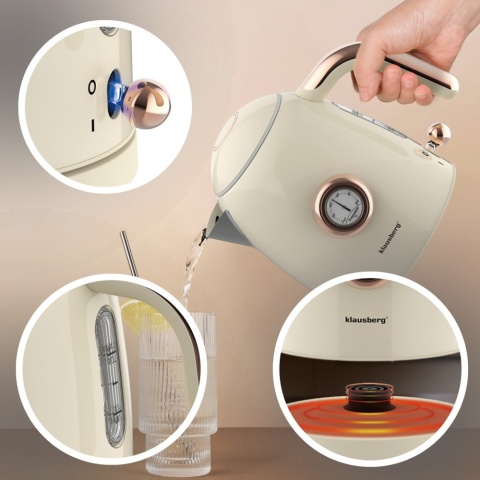 Czajnik elektryczny z termometrem, stal nierdzewna, kremowy, 1,0L, 1200W, KLAUSBERG, KB-9018