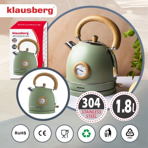 Czajnik elektryczny z termometrem, stal nierdzewna, zielony z drewnem, 1,8L, 1850-2200W, KLAUSBERG, KB-9008