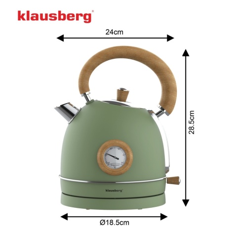 Czajnik elektryczny z termometrem, stal nierdzewna, zielony z drewnem, 1,8L, 1850-2200W, KLAUSBERG, KB-9008