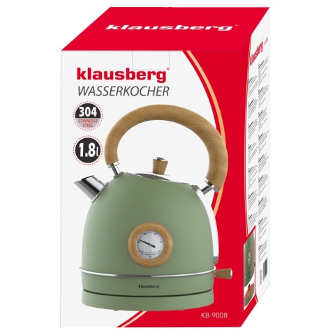 Czajnik elektryczny z termometrem, stal nierdzewna, zielony z drewnem, 1,8L, 1850-2200W, KLAUSBERG, KB-9008