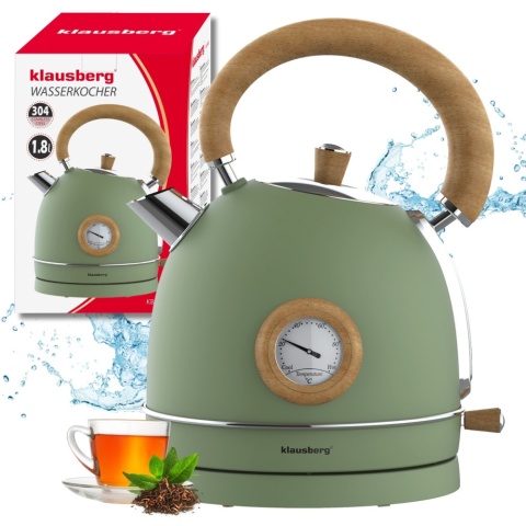 Czajnik elektryczny z termometrem, stal nierdzewna, zielony z drewnem, 1,8L, 1850-2200W, KLAUSBERG, KB-9008