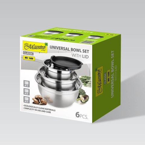 Miski kuchenne metalowe komplet misek z pokrywką 16/20/24CM 3SZT MAESTRO MR-1688