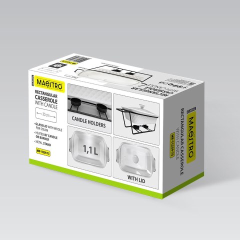 Podgrzewacz do jedzenia potraw na świeczki prostokątny biały 30cm 1.1L MAESTRO MR-11259-73