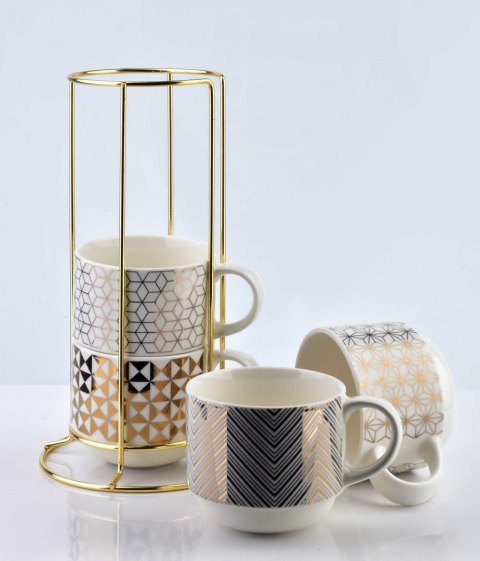 KOMPLET 4 FILIŻANEK PORCELANOWYCH 250ml ZE STOJAKIEM CHIC GOLD MONDEX HTPT0229 KOMPLET 4 FILIŻANEK PORCELANOWYCH 250ml ZE STOJAKIEM CHIC GOLD MONDEX HTPT0229
