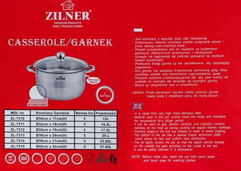 GARNEK STALOWY 12L 30cm DNO 5 WARSTWOWE ZILNER ZL-7310 GARNEK STALOWY 12L 30cm DNO 5 WARSTWOWE ZILNER ZL-7310
