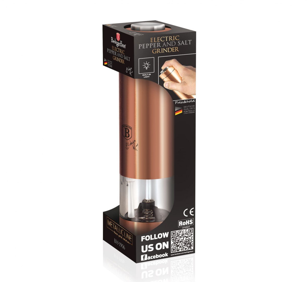 ELEKTRYCZNY MŁYNEK DO SOLI LUB PIEPRZU BERLINGER HAUS ROSE GOLD BH-1906 ELEKTRYCZNY MŁYNEK DO SOLI LUB PIEPRZU BERLINGER HAUS ROSE GOLD BH-1906