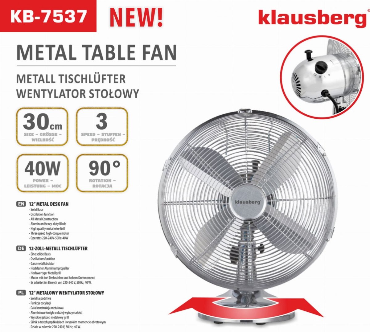 WENTYLATOR BIURKOWY 30CM 40W METALOWY KLAUSBERG KB-7537 WENTYLATOR BIURKOWY 30CM 40W METALOWY KLAUSBERG KB-7537
