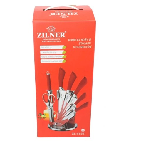 ZESTAW NOŻY Z TASAKIEM 8 EL. NA STOJAKU ZILNER RED ZL-5126 ZESTAW NOŻY Z TASAKIEM 8 EL. NA STOJAKU ZILNER RED ZL-5126