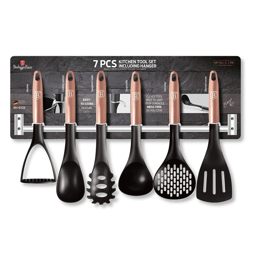 ZESTAW PRZYBORÓW KUCHENNYCH Z RELINGIEM 7-ele BERLINGER HAUS ROSE GOLD BH-6328 ZESTAW PRZYBORÓW KUCHENNYCH Z RELINGIEM 7-ele BERLINGER HAUS ROSE GOLD BH-6328
