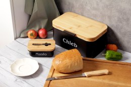 CHLEBAK METALOWY CZARNY Z DESKĄ DO KROJENIA + MASELNICZKA + NÓŻ BRUNBESTE BB-2777