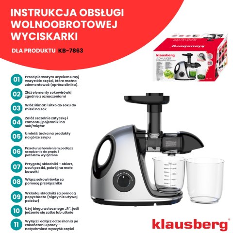 SOKOWIRÓWKA WOLNOOBROTOWA 150W DO OWOCÓW I WARZYW COLD PRESS KLAUSBERG KB-7863