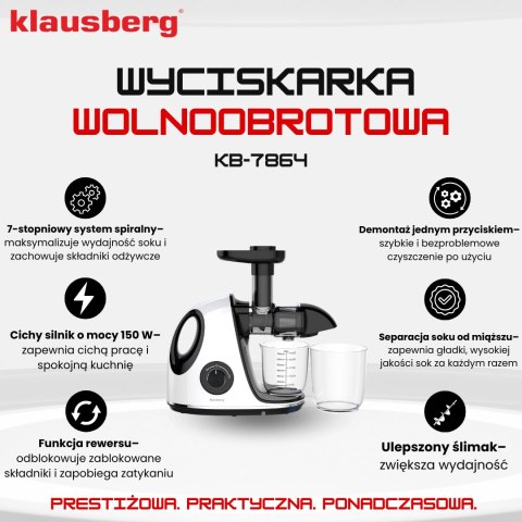 SOKOWIRÓWKA WOLNOOBROTOWA 150W DO OWOCÓW I WARZYW COLD PRESS KLAUSBERG KB-7864