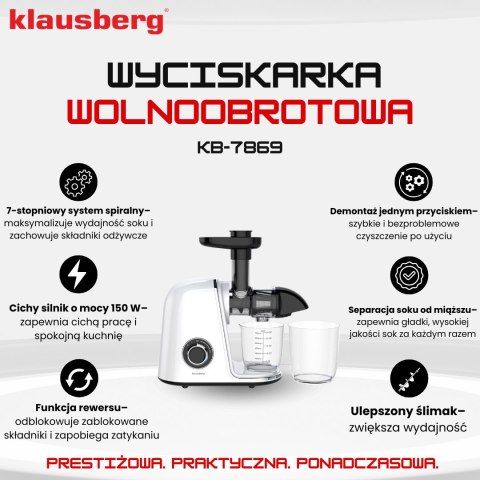SOKOWIRÓWKA WOLNOOBROTOWA 150W DO OWOCÓW I WARZYW COLD PRESS KLAUSBERG KB-7869