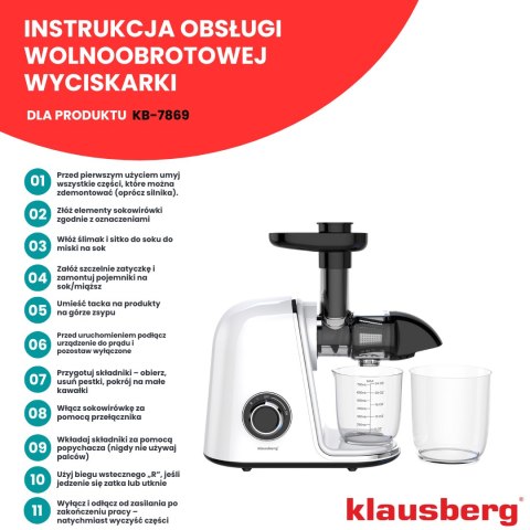 SOKOWIRÓWKA WOLNOOBROTOWA 150W DO OWOCÓW I WARZYW COLD PRESS KLAUSBERG KB-7869