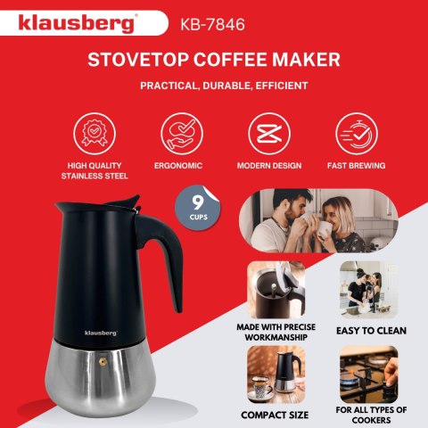 KAWIARKA ESPRESSO KAFETERKA CIŚNIENIOWA KLAUSBERG 450ML (9 FILIŻANKI) KB-7846