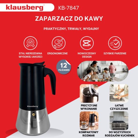 KAWIARKA ESPRESSO KAFETERKA CIŚNIENIOWA KLAUSBERG 600ML (12 FILIŻANKI) KB-7847